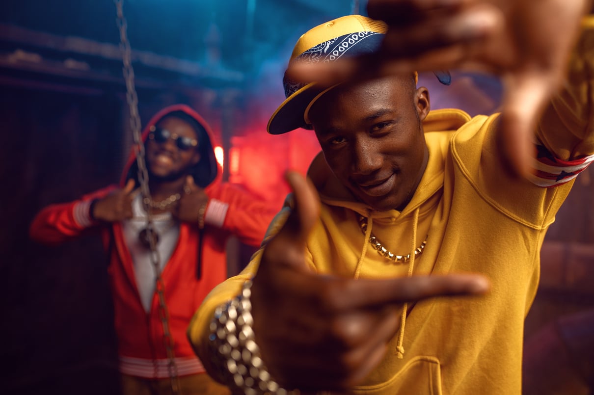 Two Smiling Rappers, Breakdancing in Studio